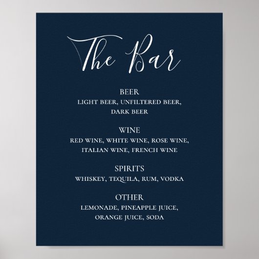 Navy Blue Simple script drink bar menu Poster (Voorkant)