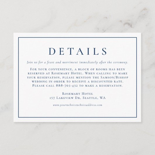 Navy Blue Simple Typography Formal Wedding Details Informatiekaartje (Voorkant)