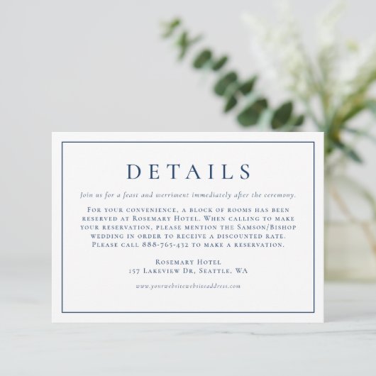 Navy Blue Simple Typography Formal Wedding Details Informatiekaartje (Staand voorkant)