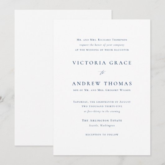 Navy Blue Simple Typography Formal Wedding Kaart (Voorkant / Achterkant)