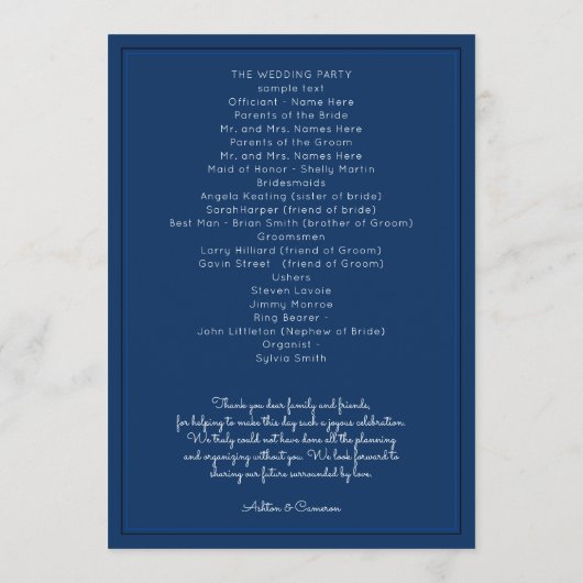 Navy Blue Simple Wedding Program Sjabloon (Achterkant)