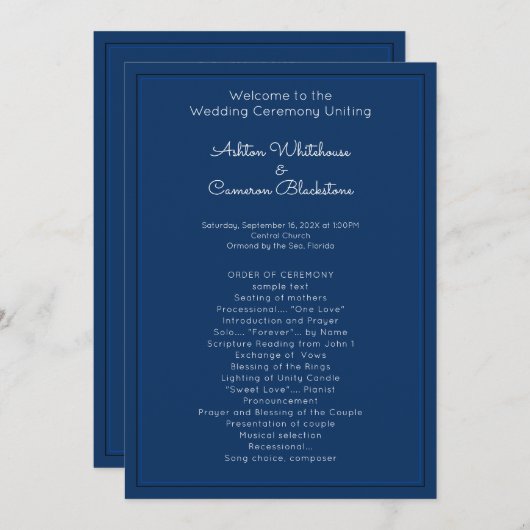 Navy Blue Simple Wedding Program Sjabloon (Voorkant / Achterkant)