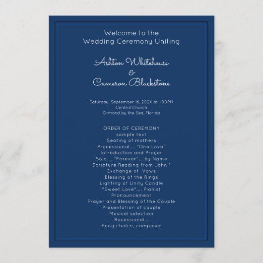 Navy Blue Simple Wedding Program Sjabloon (Voorkant)
