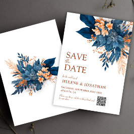 Navy Blue Sinaasappel Boho Floral Elegant Huwelijk Save The Date