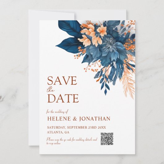 Navy Blue Sinaasappel Boho Floral Elegant Huwelijk Save The Date (Voorkant)