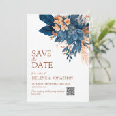 Navy Blue Sinaasappel Boho Floral Elegant Huwelijk Save The Date (Staand voorkant)