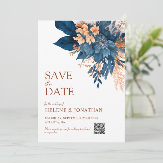 Navy Blue Sinaasappel Boho Floral Elegant Huwelijk Save The Date (Staand voorkant)