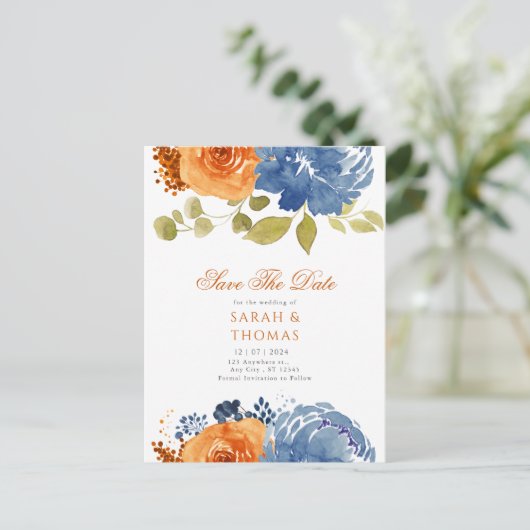 Navy Blue Sinaasappel Boho Floral Herfst Bewaar de Briefkaart (Staand voorkant)