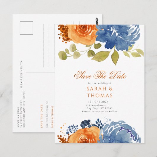 Navy Blue Sinaasappel Boho Floral Herfst Bewaar de Briefkaart (Voorkant / Achterkant)
