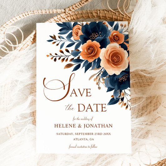 Navy Blue Sinaasappel Boho Garden Elegante bruilof Save The Date