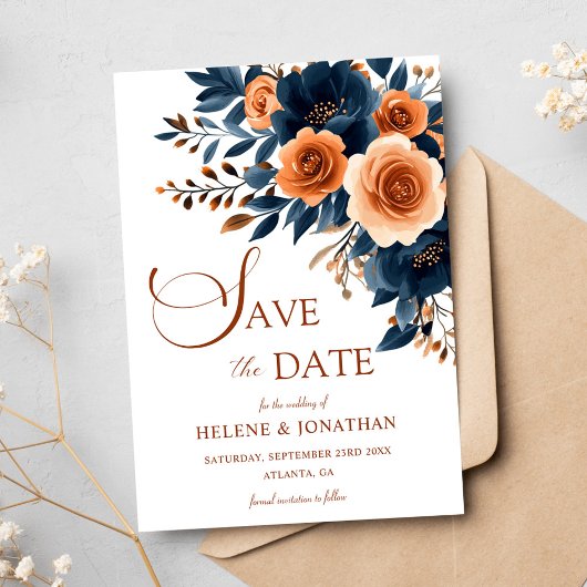 Navy Blue Sinaasappel Boho Garden Elegante bruilof Save The Date