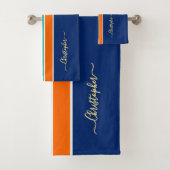 Navy Blue Sinaasappel Racing Stripes Faux Gold Mon Bad Handdoek (Insitu)