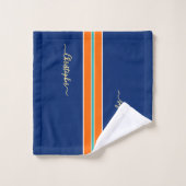 Navy Blue Sinaasappel Racing Stripes Faux Gold Mon Bad Handdoek (Wasdoekje)
