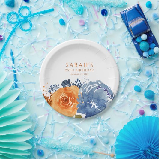 Navy Blue Sinaasappel Terracotta Boho Herfst Flora Papieren Bordje (Feest)