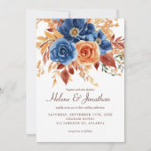 Navy Blue Sinaasappel Terracotta Elegant Huwelijk Kaart (Voorkant)