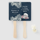 Navy Blue Skull roze Roses Lace Gothic Wedding Handwaaier (Voorkant en achterkant)