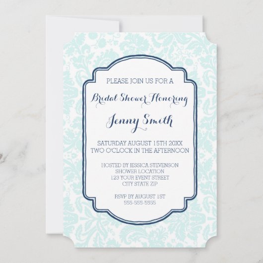 Navy Blue Sky Damask Bridal Shower Kaart (Achterkant)