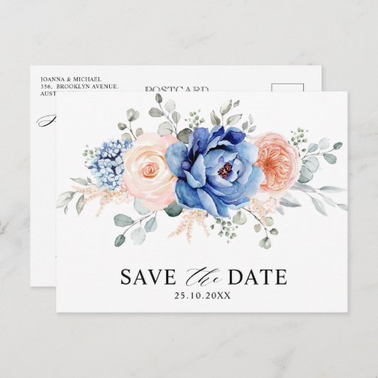 Navy Blue Slate Dusty Blush Floral Save the date Briefkaart (Voorkant / Achterkant)
