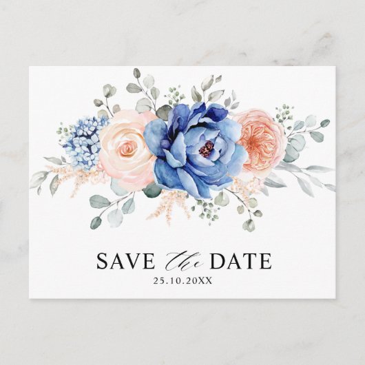 Navy Blue Slate Dusty Blush Floral Save the date Briefkaart (Voorkant)