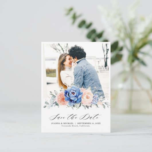 Navy Blue Slate Dusty Blush Floral Save the date Briefkaart (Staand voorkant)