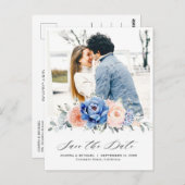 Navy Blue Slate Dusty Blush Floral Save the date Briefkaart (Voorkant / Achterkant)