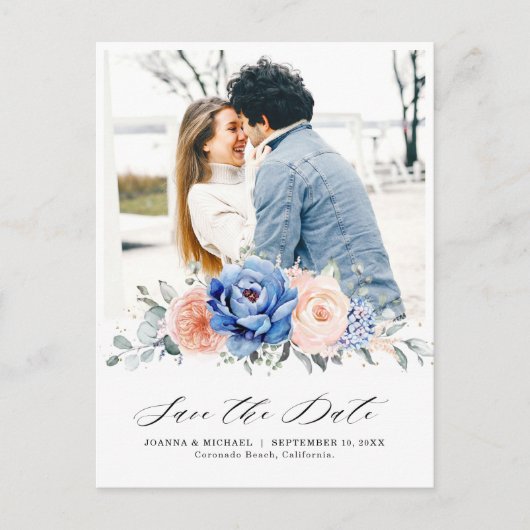 Navy Blue Slate Dusty Blush Floral Save the date Briefkaart (Voorkant)