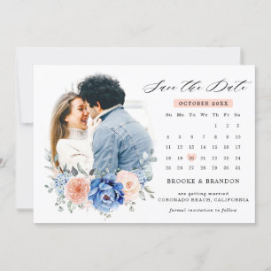 Navy Blue Slate Dusty Blush Floral Weduwfoto Save The Date