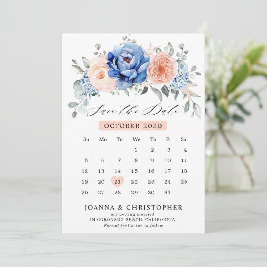 Navy Blue Slate Dusty Blush-kalender Bewaar datum Save The Date (Staand voorkant)