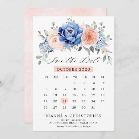Navy Blue Slate Dusty Blush-kalender Bewaar datum Save The Date (Voorkant / Achterkant)