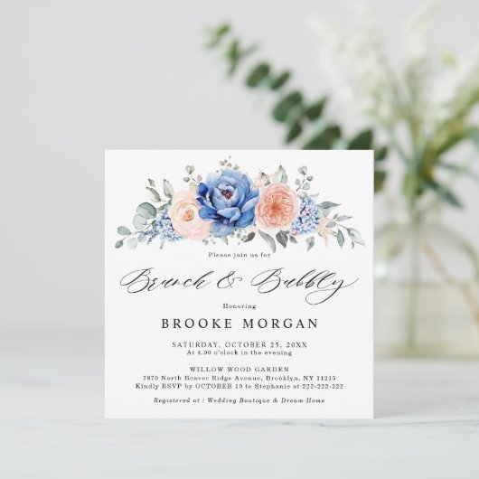 Navy Blue Slate Dusty Blush Pink Brunch & Bubble Kaart (Staand voorkant)