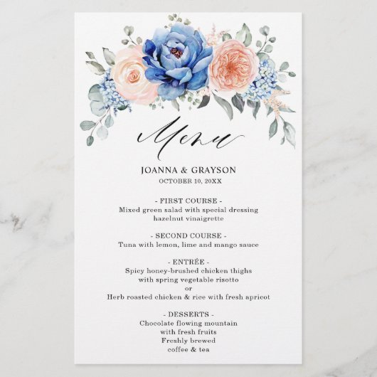 Navy Blue Slate Dusty Blush Pink Floral Menu (Voorkant)