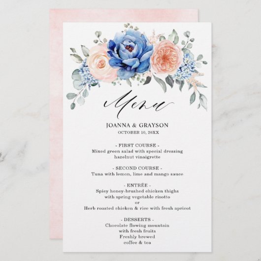 Navy Blue Slate Dusty Blush Pink Floral Menu (Voorkant / Achterkant)