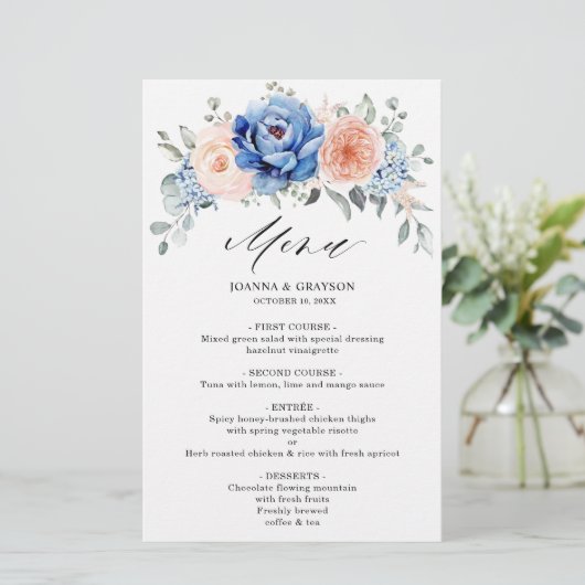 Navy Blue Slate Dusty Blush Pink Floral Menu (Staand voorkant)