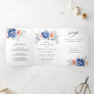 Navy Blue Slate Dusty Blush Pink Floral Wedding Drieluik Aankondiging