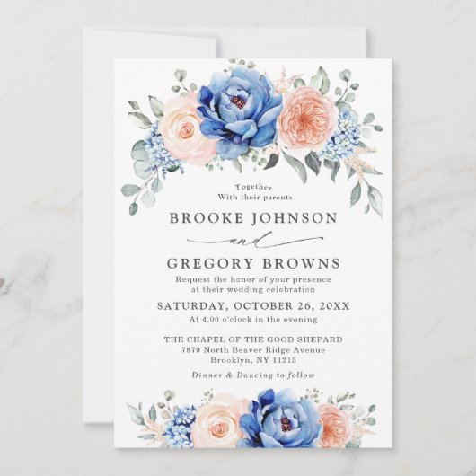 Navy Blue Slate Dusty Blush Pink Floral Wedding Kaart (Voorkant)