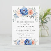 Navy Blue Slate Dusty Blush Pink Floral Wedding Kaart (Staand voorkant)