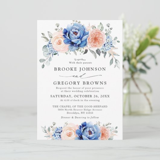Navy Blue Slate Dusty Blush Pink Floral Wedding Kaart (Staand voorkant)