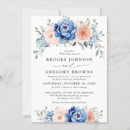 Navy Blue Slate Dusty Blush Pink Floral Wedding Kaart