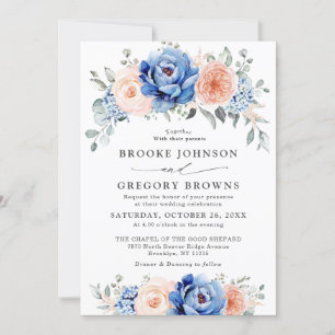 Navy Blue Slate Dusty Blush Pink Floral Wedding Kaart