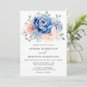 Navy Blue Slate Dusty Blush Pink Floral Wedding Kaart (Staand voorkant)