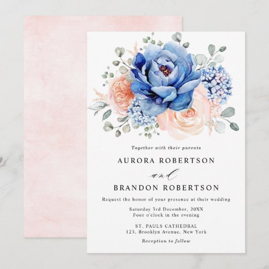 Navy Blue Slate Dusty Blush Pink Floral Wedding Kaart (Voorkant / Achterkant)