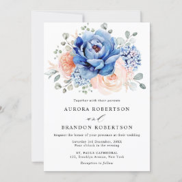 Navy Blue Slate Dusty Blush Pink Floral Wedding Kaart