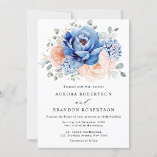 Navy Blue Slate Dusty Blush Pink Floral Wedding Kaart