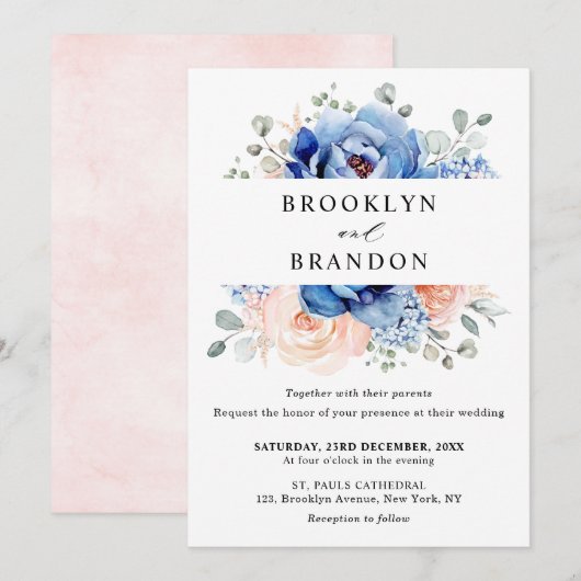 Navy Blue Slate Dusty Blush Pink Floral Wedding Kaart (Voorkant / Achterkant)