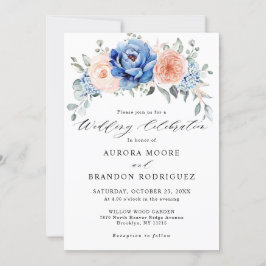 Navy Blue Slate Dusty Blush Pink Floral Wedding Kaart