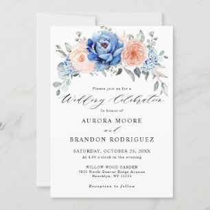 Navy Blue Slate Dusty Blush Pink Floral Wedding Kaart