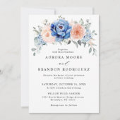 Navy Blue Slate Dusty Blush Pink Floral Wedding Kaart (Voorkant)