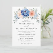 Navy Blue Slate Dusty Blush Pink Floral Wedding Kaart (Staand voorkant)