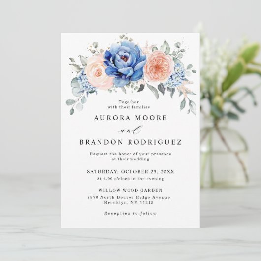 Navy Blue Slate Dusty Blush Pink Floral Wedding Kaart (Staand voorkant)