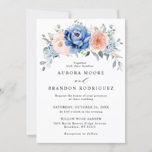 Navy Blue Slate Dusty Blush Pink Floral Wedding Kaart